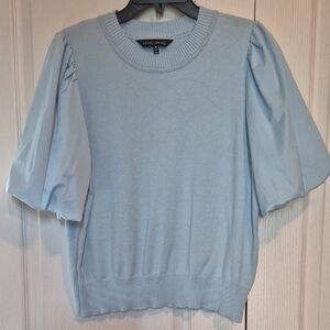 MING WANG Light Blue Sweater Satin Puff Sleeve Women's Top